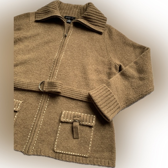 Paraphrase belt & zip closure brown wool cardigan with 2 front pockets, XL - Picture 9 of 9